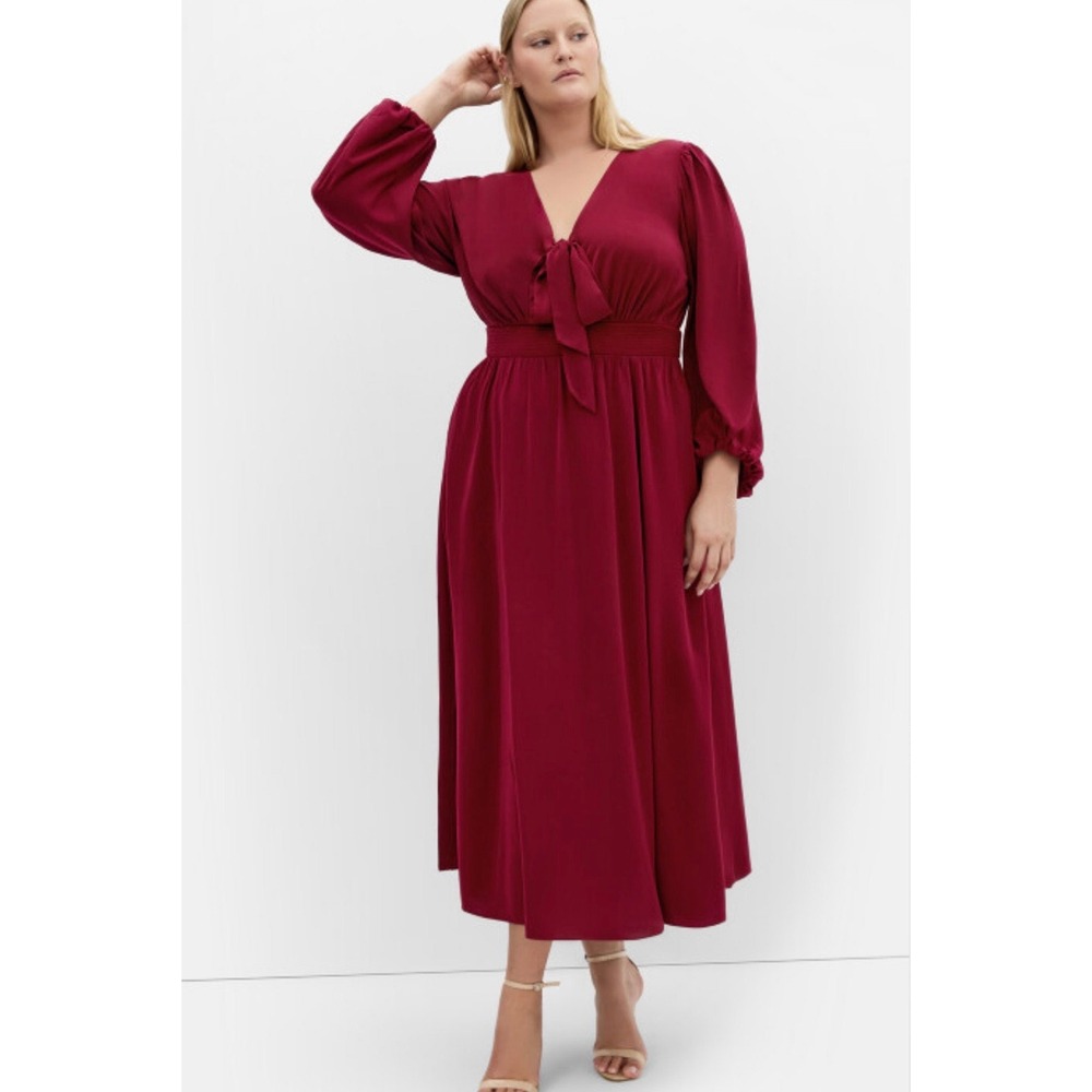 City Chic Ivanna Red Maxi Dress Plus Size 20 Tie Neck Long Sleeve‎ Smocked Waist